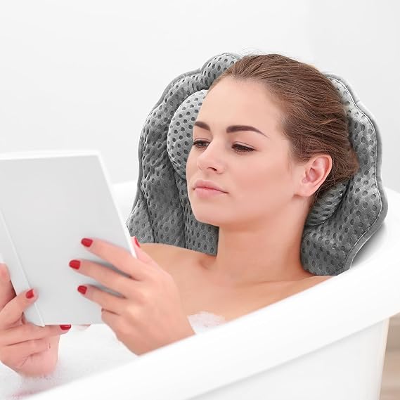 Ergonomic Luxury Bathtub Pillow with Head Neck Shoulder and Back Support 4D Bath Pillows with 6 Powerful Non-Slip Suction Cups (Grey)