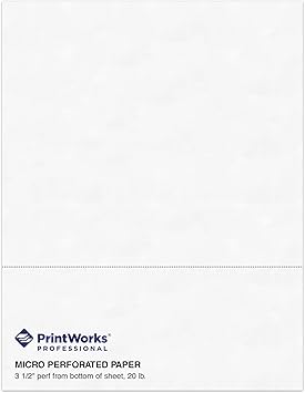PrintWorks Professional 3 1/2" Horizontal Perforated Paper 8.5 x 11 - Perfect for W-2, 1099, Statement Use - Made in The USA - 500 Sheets - 20 lb - Printer Compatible - White (04128)