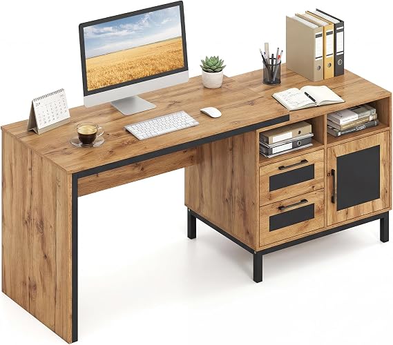 COSTWAY 180cm Large Computer Desk, Wooden Executive Desk Writing Workstation with Open Compartments, Storage Drawers & Single-Door Cabinet, Farmhouse Style PC Laptop Table Gaming Desk for Home Office