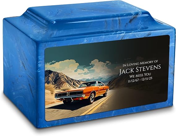 Legacy Adult Mackenzie Cultured Marble Cremation Urn for Human Ashes I Mystic Blue Classic Car Urns for Male and Female I 210lbs