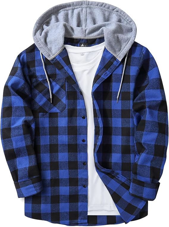 ZITY Men's Flannel Hoodie Shirts Casual Button Down Long Sleeve Plaid Shirt