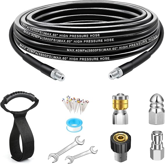 Basınçlı Yıkama için 15FT Kanalizasyon Jetter Kiti, 5800 PSI Su Jeti Tahliye Temizleyici Hortum Köşe Dönen Düğme Burun Kanalizasyon Jetting Nozulu ve 1/4 "NPT, Anahtar Kolu Kayışı ile Kanalizasyon