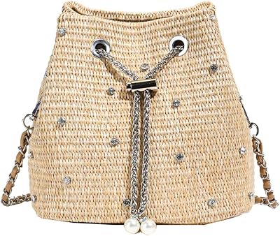 Pearl Straw Bucket Purse for Women Summer Vacation Crossbody Purses Beach Bag Beaded Rhinestone Handbag