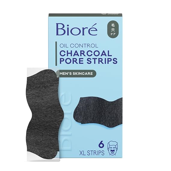 Biore Charcoal Deep Cleansing Pore Strips for Men, Nose Strips for Blackhead Removal on Oily Skin, Features C-Bond Technology with Instant Pore Unclogging, 6 Count