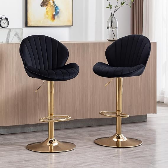 Ya-Home Breakfast Bar Stools 2PCS Velvet Swivel with Gold Legs, Black