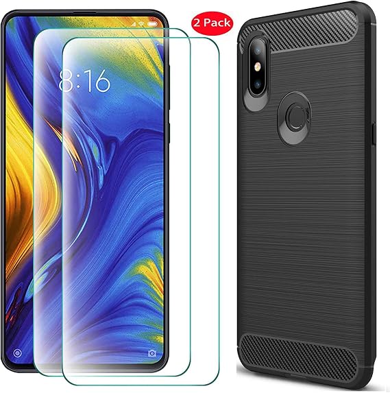 Case for Xiaomi Mi Mix 3 Case Xiaomi Mi Mix 3 Screen Protector,[3 in 1] Soft Slim Flex TPU Silicone Phone Case + [2 Pack] 9H Tempered Glass [Anti-Scratch] for Xiaomi Mi Mix 3 (Black)