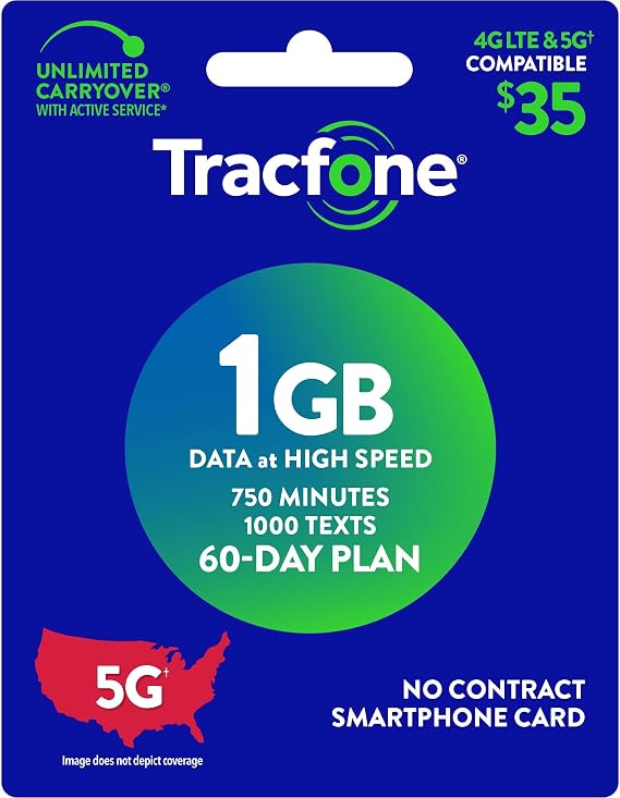 Tracfone $35, 750 Min, 1000 Text, 1 GB Data 60Day Plan [Physical Delivery]