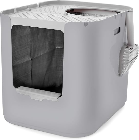 Modkat XL Litter Box, Top or Front-Entry Configurable, Full Height Seamless Base, Reusable Litter Liners, Sifting Litter Scoop, 2X Bamboo Charcoal Filters - Gray