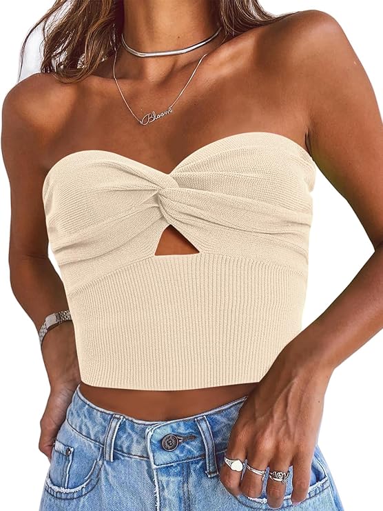 EFAN Womens Strapless Crop Tube Top Ribbed Knit Y2K Tank Tops | Twist Front Knot, Sweetheart Neckline, Cutout Detail, Bandeau Style, Beach Vacation Wear, Going Out Fashion
