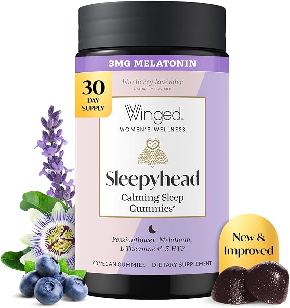 Winged Wellness Sleepyhead Natural Sleep Gummies for Women, 60 Gummies | Prime Sleep Support Aid for Adults with 3mg Melatonin, L-Theanine, 5-HTP - Vegan, Naturally Flavored Blueberry Lavender