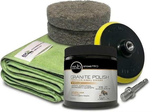 MB-20 Granite Polishing Kit Professional Grade Stone Restoration Bundle Includes 8.5oz Polishing Cream, 2x Hogs Hair Pads, Backing Plate with Drill Adapter & 2x Microfiber Towels
