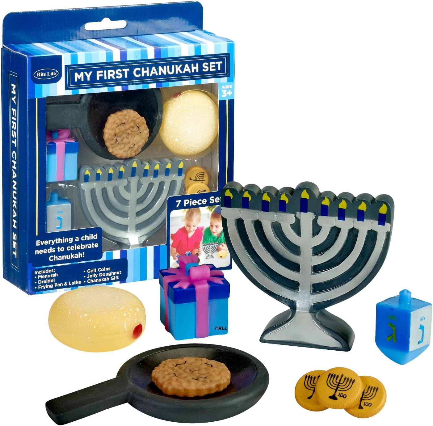 Rite Lite My Mini Wood Menorah Deluxe Set with Removable Wood Candles with Jelly Doughnut, Dreidel, Pan, Latke, Gelt Coin Decor Hanukkah Gifts Decorations Centerpiece Jewish Holiday Party Favors
