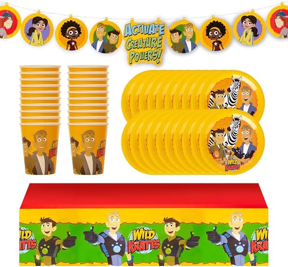 Wild Kratts Birthday Party Kit - 20 Plates, 20 Cups, 1 Tablecloth & 1 Banner - Educational Adventure Supplies