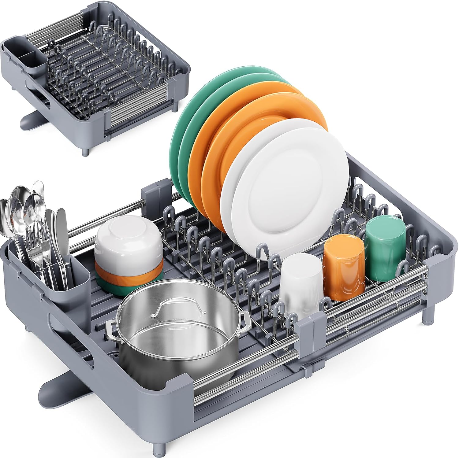 kingrack expandable dish drainer for kitchen counter foldable stainless steel dish drainer with removable cutlery holder scratch-resistant plate rack gray