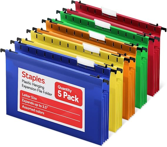 Staples Poly Expanding Hanging File Pockets, Letter Size, 5/Pack | Durable poly construction in assorted colors for easy file identification.
