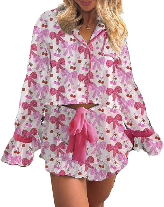 HOXIJIA Women Valentine Satin Pajamas 2 Piece Sets Sexy Long Sleeve V Neck Button Outfits Cute Floral Print Bow Tie Sets