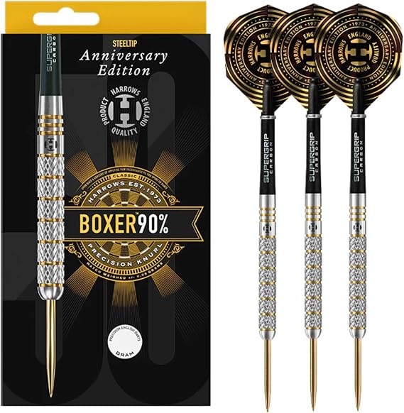 Harrows Boxer 90% Tungsten Steel Tip Darts Set Available in 21g 23g & 25g Includes Midi Supergrip Carbon Shafts & Anniversary 100 Micron Flights (21g)