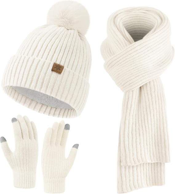 Passionbility Womens Winter Beanie Hat Scarf Gloves Set, Knitted Scarf and Hat Touchscreen Gloves Gift for Women 3 in 1 Set