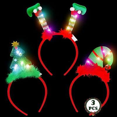 LED Christmas Headband, Reindeer Antler Leprechaun Hat Bow Hair Hoop for Xmas Holiday Party Favors Decorations Adults
