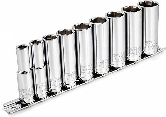 Powerbuilt 9 Piece 3/8-Inch Drive SAE Deep Socket Set, Sizes 3/8-Inch to 7/8-Inch, 6-Point Z-Drive, Chrome Vanadium Steel with Storage Rail - 641717