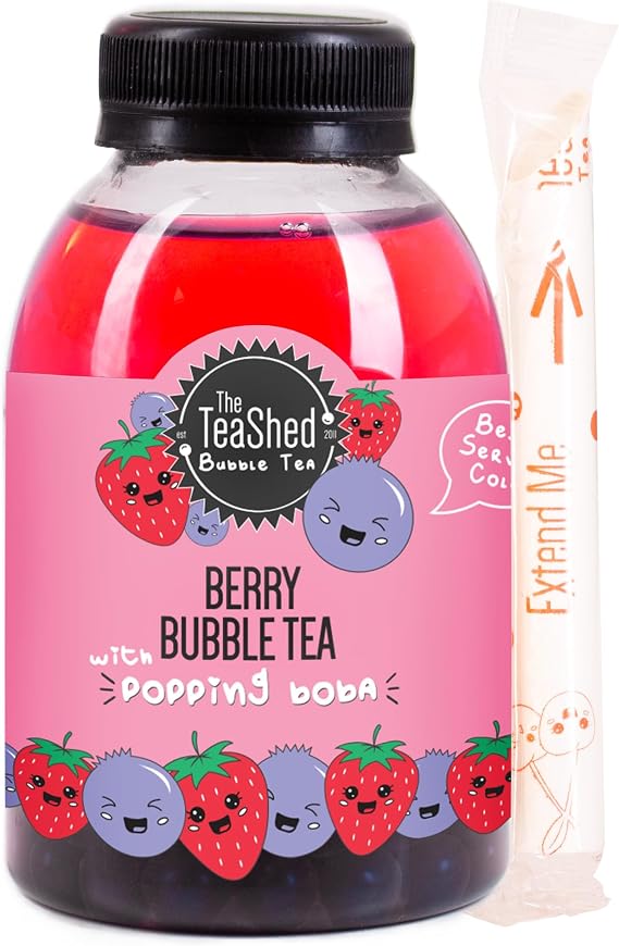 The TeaShed Ready to Drink Berry Bubble Tea, Strawberry Iced Tea with Blueberry Popping Boba, 250ml Bottle with Extendable Straw