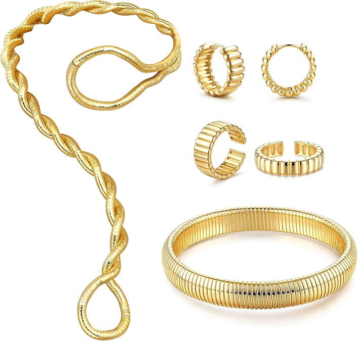 JeryWe Gold Statement Jewelry Set for Women 14K Gold Plated Choker Necklace Chunky Bangle Bracelet Stackable Knuckle Rings Hypoallergenic Hoop Earring Stack Trendy Jewelry Sets Fashion Accessories for Women