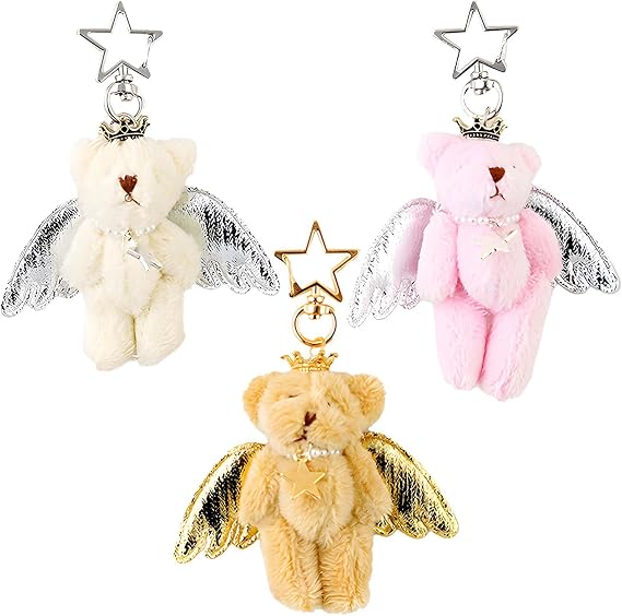 3-Pack Angel Bear Keychain - Plush Cartoon Animal Pendant, Bag Charms for Women, Car Key Fob, Birthday Party Gifts