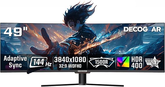 Deco Gear 49 Inch Curved Monitor, 3840x1080 Ultrawide Gaming WDFHD Screen, 144Hz, 32:9, 3ms, 3000:1 VA Display, HDR400, Adaptive Sync, USB-C 65W, HDMI, PIP/PBP, KVM, 1800R, Office & Workstation Setup