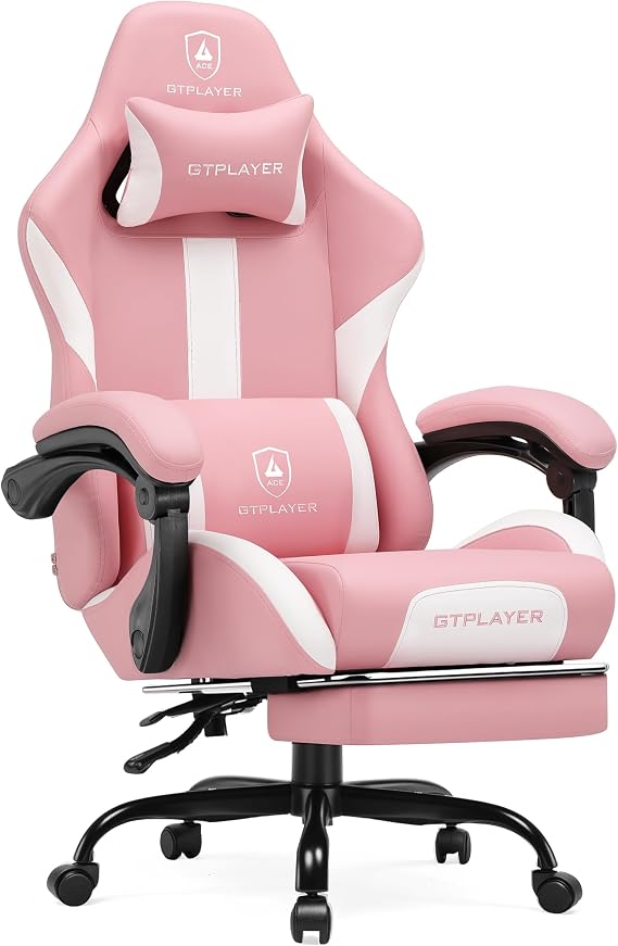 GTPLAYER Gaming Chair with Foot Rest & Pocket Spring Cushion, Ergonomic High Back Computer Chair with Headrest & 360-Swivel Seat for Home Office Desk, PU Leather, Pink