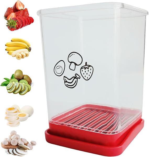 Fruit Slicer Cup, Strawberry, Banana, Mushroom, Grape & Egg Cutter, Portable Stainless Steel Slicer with Push Plate, Kitchen Gadget for Salad Making, Speed Fruit & Vegetable Cutter, Slicing Tool
