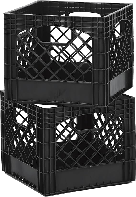 Buddeez Milk Crates for Storage - Storage Crates, Heavy Duty Milk Crates for Storage, Stacking Milk Crate, Locker Organizer, 16-Quart, Black (2-Pack)