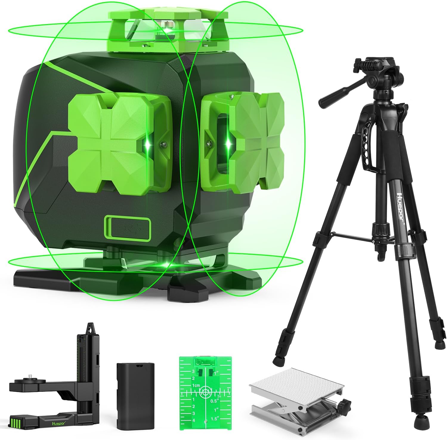 Huepar 4 x 360°Cross Line Laser Kit with 56 Adjustable Tripod, 4D Self-Leveling Tiling Floor Laser Tool - 2x360° Horizontal & 2x360°Vertical Laser Lines, Extendable Tripod with 3-Way Swivel Pan Head