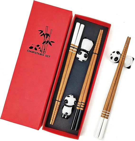 Bamboo Chopsticks, 2 Pairs Japanese Reusable Chopsticks with Ceramic Panda Rest, Chopstick Gift Set for Asian Dishes Sushi Rice Noodles, Elegant Gift for Food Lovers