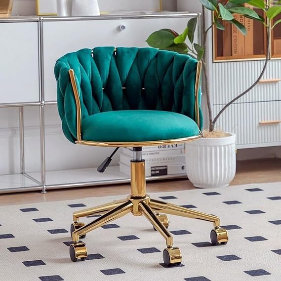 Velvet Desk Chair with Wheels, Swivel Armchair, Desk Chair, Upholstered Modern Accent Chairs for Living Room Bedroom Vanity(Green)