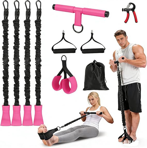 Upgraded Multifunction Pedal Resistance Band with Handle, 4 Tube Adjustable Tube Foot Pedal Device Puller Exercise Bands, for Abs Arm Leg Waist Workout, Sit Up Fitness Equipment for Full Body Training