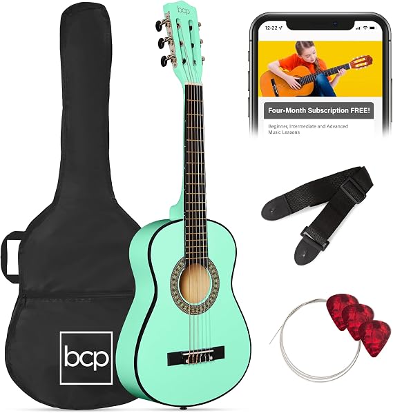 Best Choice Products 30in Kids Acoustic Guitar, All-in-One Beginner Starter Kit w/Strap, Case, Extra Strings, Rosette Inlay - SoCal Green