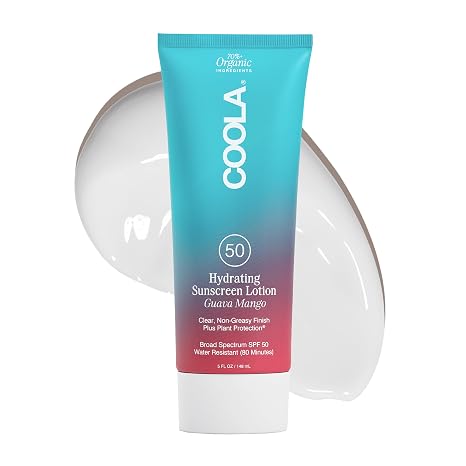 COOLA Hydrating SPF 50 Sunscreen Lotion,Guava Mango Scented, 5 oz | Organic, Lightweight, Non-sticky, Non-greasy, Water Resistant, Broad Spectrum Protection, Dermatologist Tested, Clear Finish