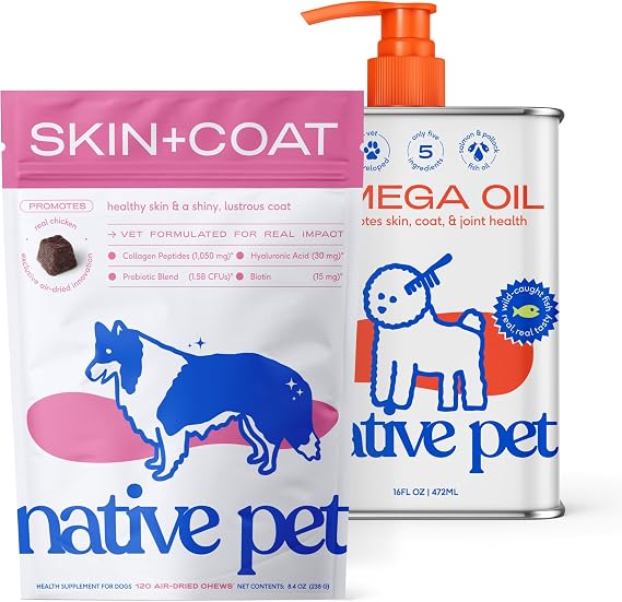 Native Pet Omega Skin and Coat Chews for Dogs (120 Air-Dried Chews) & Omega Oil for Dogs (16 Oz.) - Omega 3 Fish Oil Bundle Promotes Healthy Skin, Shiny Coat, Strong Joints
