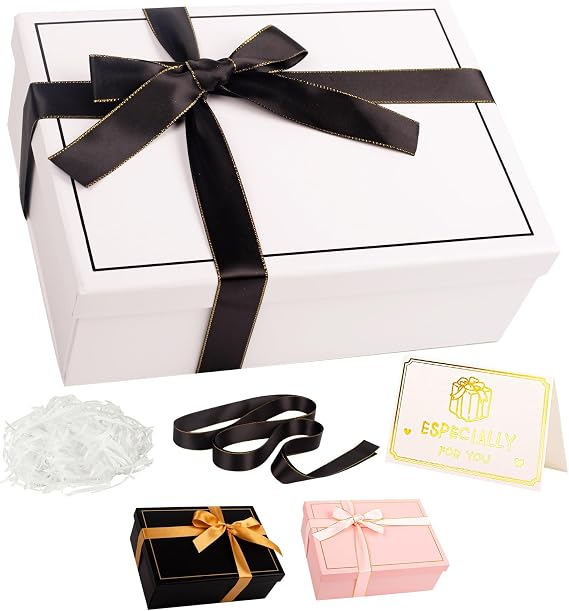 White Gift Box with Lid 25x18x9cm Medium/Large Luxury Gift Boxes for Presents, Cardboard Empty Gift Box for Birthday Christmas Wedding Valentines Day Present Box for Girls Her Women with Ribbon