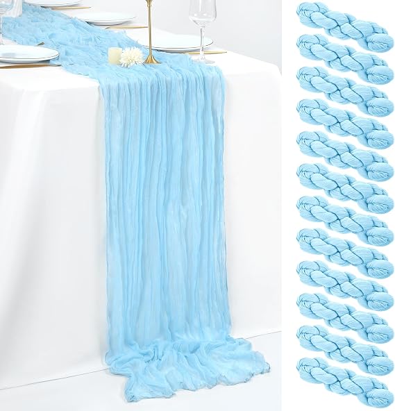 fani 12 Pack Light Blue Cheesecloth Table Runner 35 x 120 inch Boho Gauze | Cheese Cloth, Vintage Rustic Sheer Runners, Wedding, Bridal, Shower, Birthday, Party Cake Table Decorations, Reusable
