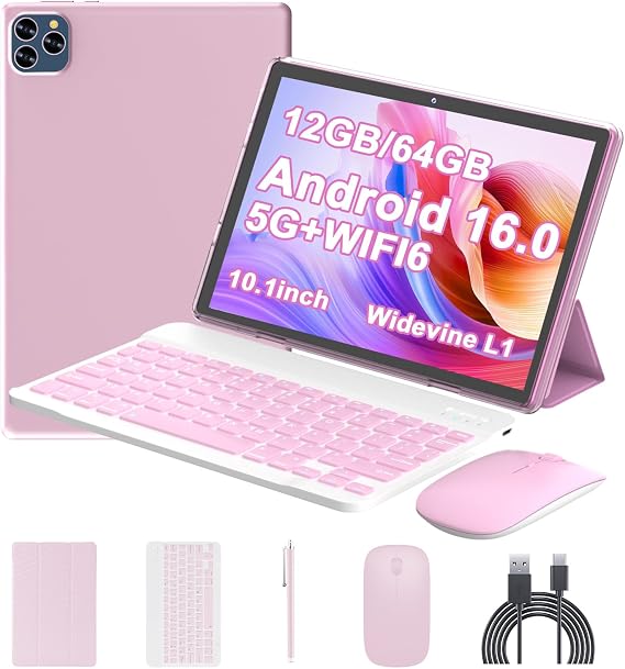 Android 16 Tablet 10 Inch, 12(3+9) GB RAM+64GB ROM, 2 in 1 Tablets with Keyboard Case Mouse Stylus, 2.0GHz Five-core Processor, 1280 * 800 IPS HD Screen, 5G WiFi6 BT 5.3 Tableta PC(Pink)