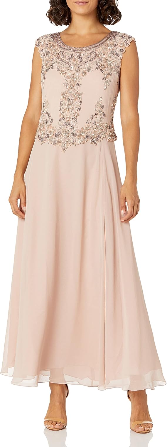 J Kara Women's Petite Petite Cap Sleeve Beaded Top Long Dress