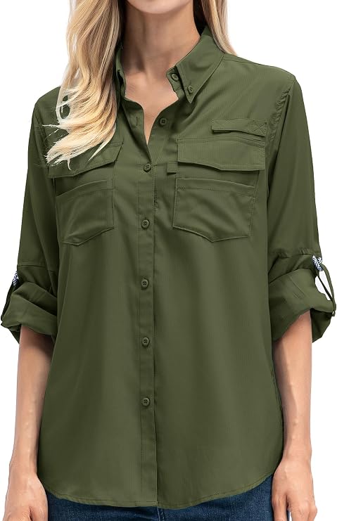 Safari Clothes for Women Sun Protection Quick Dry Lightweight Long Sleeve Travel Camp Hiking Lounging Kayak Cruise Outdoor Cool shirtsF5026,Army,XS