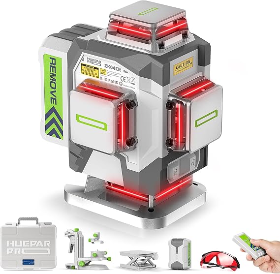 Huepar Pro Laser Level, 16 Lines Self-Leveling 4x360 Red Beam Cross Line Laser Tool, High Accuracy Professional 4D Tiling Floor Laser Level with Rechargeable Battery & Hard Carry Case, ZK04CR