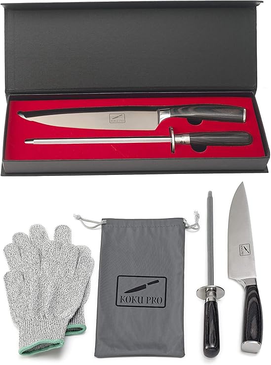 Japanese Knife - Super Sharp 8 Chef Knife - High Carbon Stainless Steel Kitchen Knife - Also Includes: Knife Sharpener, Pair of Kevlar (Cut-Resistant ) Gloves & Bag, Plus Storage Box