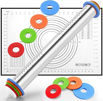 Rolling Pin nonstick and Silicone Baking Pastry Mat combo kit, Adjustable Rolling Pin With Thickness Ringsfor Baking Fondant, Pizza, Pie, Pastry, Pasta, Dough, Cookies black