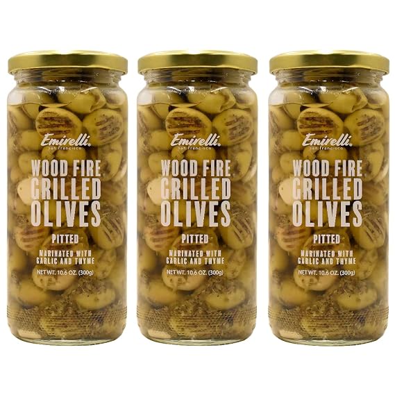 Emirelli Grilled and Pitted Green Olives Delicious Premium Hand-Picked Turkish Olives Marinated in Fresh Spices, Preserved (Grilled Olives, 3 Pack)