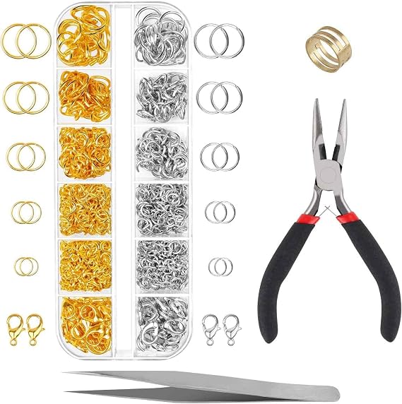 1200pcs Jump Rings for Jewelry Making Supplies, Jewelry Findings Kit for Necklace Repair with Lobster Clasps, Pliers, Tweezers, Open Jump Ring (Silver and Gold)