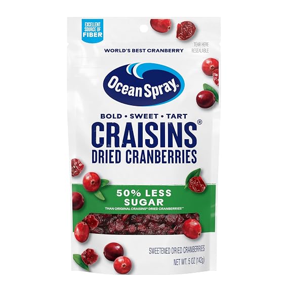 Ocean Spray Craisins, 50% Less Sugar Dried Cranberries, Dried Fruit, 5 Oz Pouch