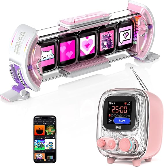 Divoom Times Gate Pink and Tiivoo-2 Pink,Cyberpunk Gaming Setup Digital Clock with Smart APP Control and Mini TV Retro Bluetooth Speaker,Cute Decor for Bedroom,Bedside Desk